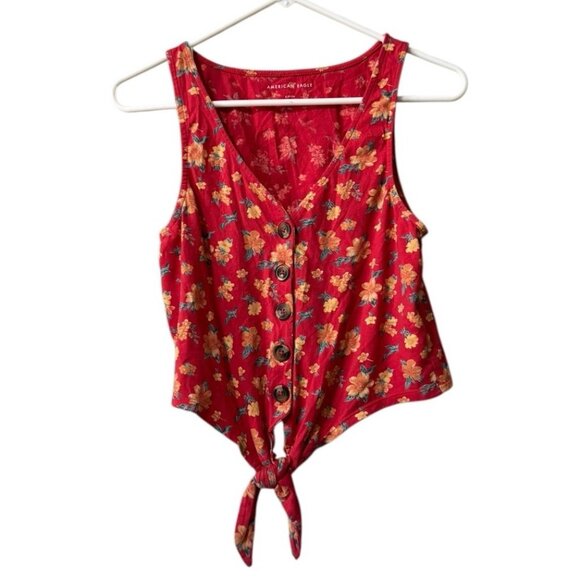 American Eagle Cropped Tie Top Button Front Floral Boho Women's Size Small - Picture 1 of 13